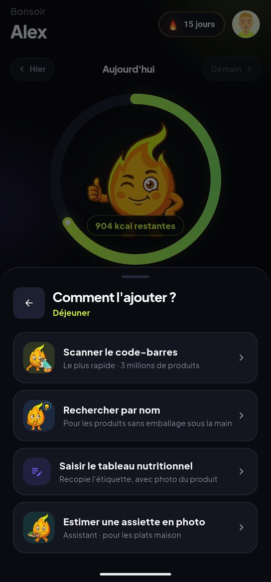 L'écran d'ajout d'un aliment, avec ses quatre méthodes : scanner le code-barres, rechercher par nom, saisir le tableau nutritionnel, estimer une assiette en photo.