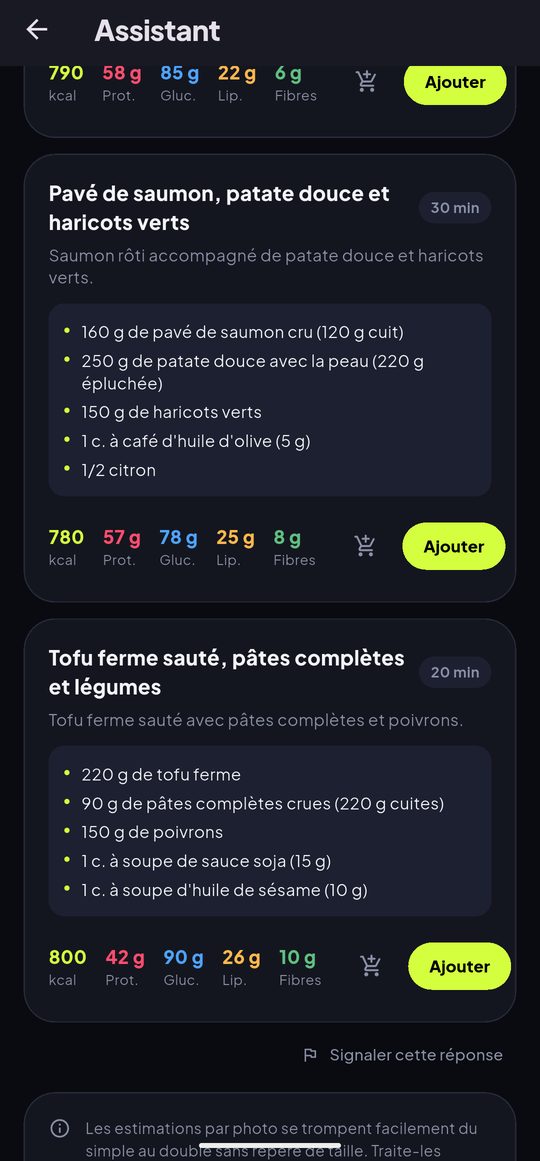 Deux suggestions de dîner avec leurs ingrédients détaillés, leurs calories et leurs quatre macros dont les fibres.