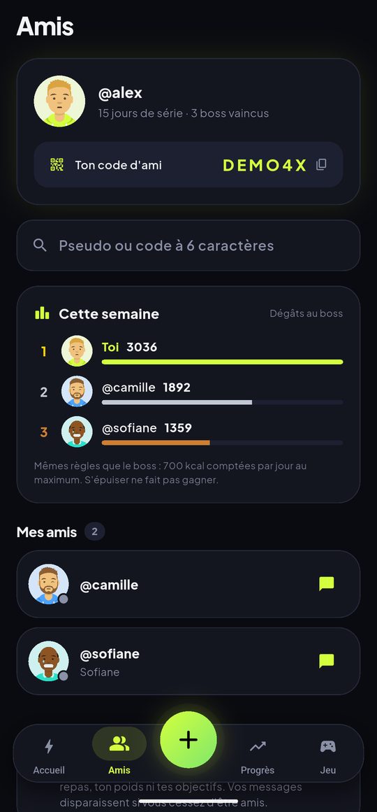 L'écran Amis : le classement de la semaine, un code d'ami à partager, et la liste de ses amis.